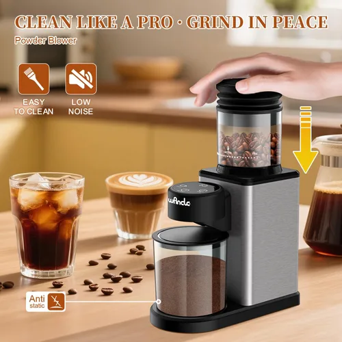 Miniatura 5 de Wancle Molinillo de café eléctrico con pantalla táctil, temporizador de precisión, 25 ajustes de molienda, antiestático, acero inoxidable, fácil