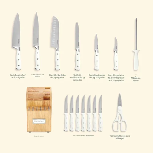 Miniatura 5 de Cuisinart Juego de 15 cuchillos con bloque, acero inoxidable de alto carbono, remache triple forjado, blanco, C77WTR-15P