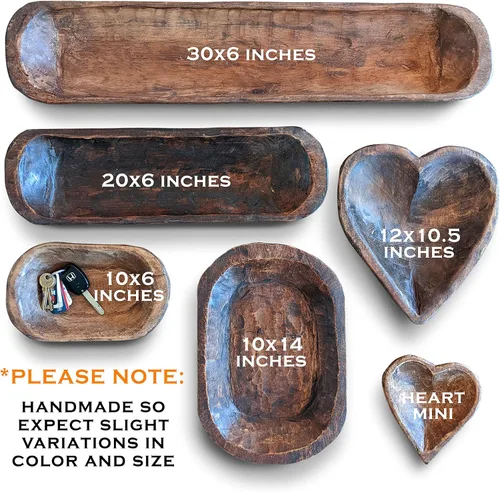 Miniatura 5 de MAINEVENT Cuenco decorativo de madera para masa de aproximadamente 30 pulgadas, cuenco largo de madera rústica tallada a mano, cuenco grande