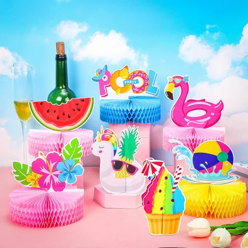 Miniatura 4 de Teling 9 piezas de centros de mesa de panal de abeja de verano para piscina, playa, decoración 3D de doble cara sandía panal de abeja flamenco