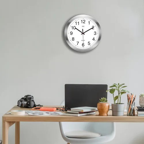 Miniatura 7 de HITO Reloj de pared silencioso de 12 pulgadas con batería, sin tictac, cubierta de vidrio, marco de aluminio plateado, para decoración de cocina