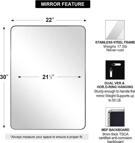 Miniatura 2 de ANDY STAR Espejo cromado para baño, espejo de pared con marco de metal de 22 x 30 pulgadas, espejo rectangular de acero inoxidable con esquina