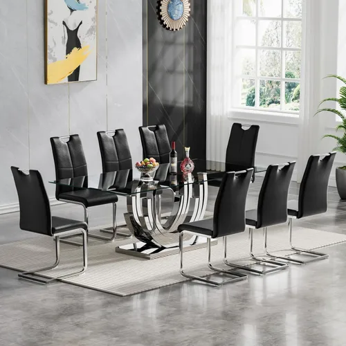 Miniatura 15 de Juego de mesa de comedor de cristal dorado moderno de 70 pulgadas para 4, juego de mesa rectangular de 5 piezas con base de acero en forma de anillo
