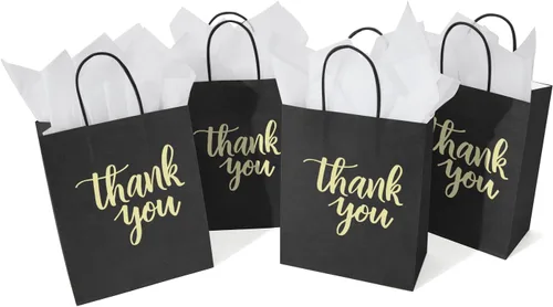 Miniatura 9 de DjinnGlory Paquete de 50 bolsas de papel de agradecimiento negras de tamaño mediano con asas de 10 x 8 x 4 pulgadas y papel de seda blanco para Negro