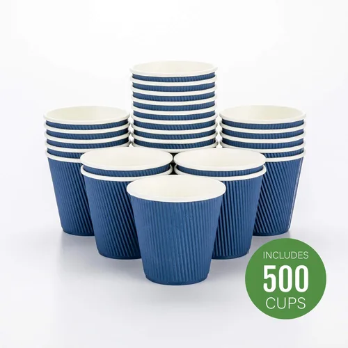Miniatura 2 de Restaurantware Tazas de café desechables de doble pared de 8 onzas, 500 vasos de papel azul oscuro aislados, diseño de pared ondulada, las tapas se