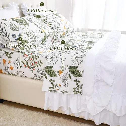 Miniatura 5 de Lady Ann Sábanas florales tamaño King 100% algodón, diseño de flores amarillas y hojas con estampado botánico de plantas, bolsillos profundos, ropa