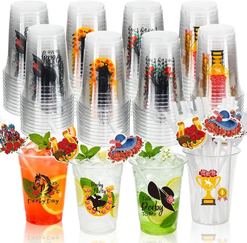 Miniatura 9 de MUOUAKATE Copas Derby desechables de plástico a granel, paquete de 100 vasos de 12 onzas Derby Clear Julep con pajitas de plástico y tarjetas
