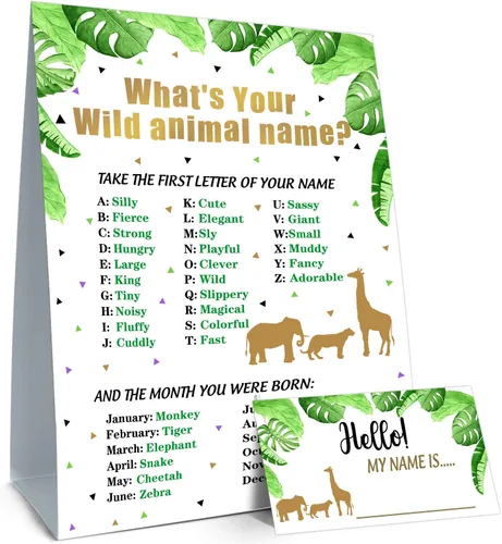 Juego de nombre de animales salvajes - Juego de fiesta de cumpleaños con letrero temático de animales y etiquetas adhesivas de nombre