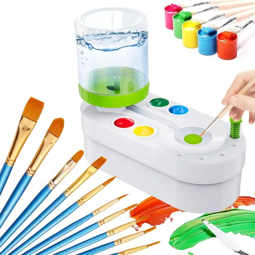 Limpiador de pinceles mejorado, 10 pinceles de pintura, accesorios, estación de pintura para niños con drenaje y soporte para pinceles, herramienta