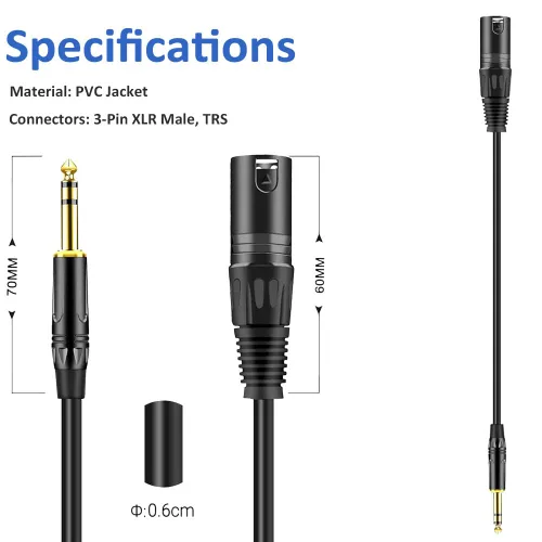 Miniatura 3 de Cable de micrófono estéreo TRS macho a XLR macho de 3 pies y 0.250 in y 1/4 de pulgada chapado en oro, cable equilibrado de 1/4 pulgadas macho a XLR