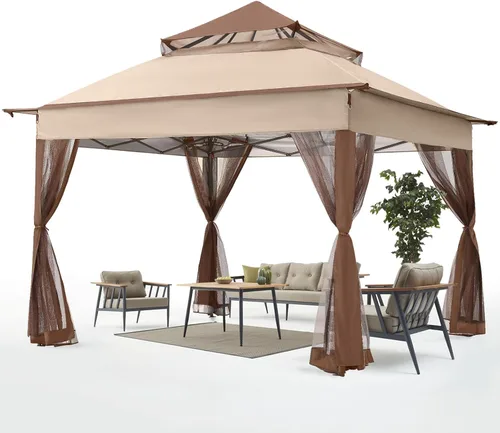 Miniatura 11 de ABCCANOPY Gazebo desplegable de 11 x 11 pies - Tienda de campaña con toldo para exteriores con mosquitera para patio, jardín y patio trasero (caqui)