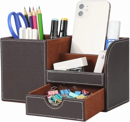 Miniatura 14 de KINGFOM Organizador de escritorio caddy de suministros de oficina de cuero PU, caja de almacenamiento multifunción para bolígrafo/lápiz, teléfono