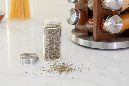 Miniatura 5 de Orii Repisa para 20 tarros de madera de acacia oscura con especias incluidas - Organizador giratorio en torre para especias y condimentos de cocina