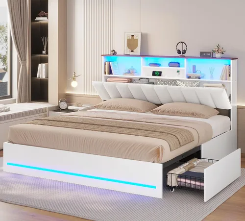 Miniatura 14 de AOGLLATI Base de cama individual con 4 cajones de almacenamiento, estación de carga y luces LED, marcos de cama individual con elegante cabecero