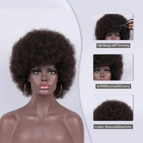 Miniatura 3 de Pelucas cortas y rizadas con flequillo para mujeres negras, peluca rizada afro afro, cabello sintético suave resistente al calor, peluca de aspecto