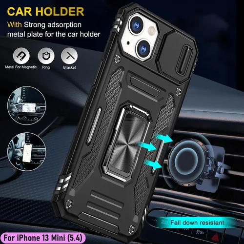Miniatura 8 de Funda resistente para Apple iPhone 13 Mini, protección híbrida de goma de doble capa de grado militar con protector de cámara deslizante, soporte