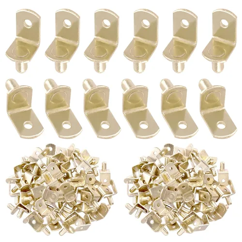 Swpeet 60 pines para estante en L, clavijas de soporte doradas de 0.236 pulgadas con agujero, soporte de acero chapado en acero, clips de gabinete
