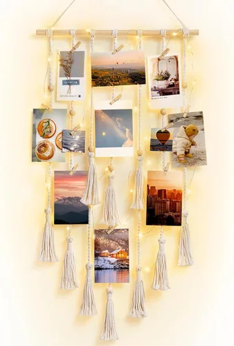 Dahey Exhibición de fotos colgante para dormitorio, decoración de pared de macramé, marcos de fotos boho collage con 30 clips para colgar fotos con