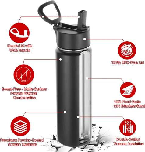 Miniatura 5 de Volhoply Botellas de agua aisladas con pajita, paquete de 2 unidades, 22 onzas de capacidad, botella deportiva de acero inoxidable con asa y tapa