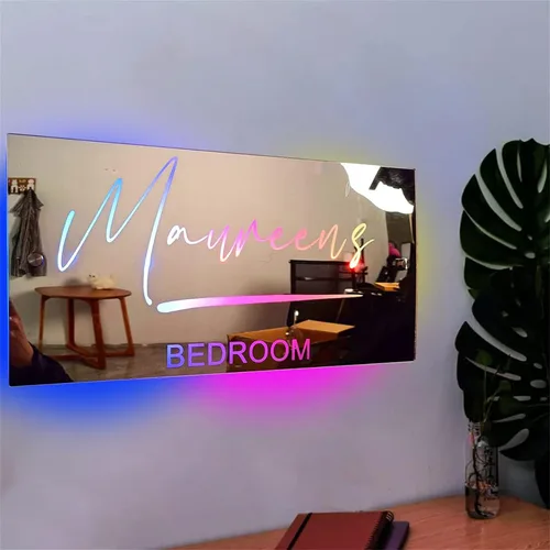 Miniatura 16 de Espejo de barra de nombre LED personalizado, letreros de neón iluminados para decoración de pared para bar en casa, día de San Valentín y regalos