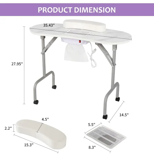 Miniatura 2 de AGESISI Mesa de manicura portátil plegable para uñas con estación de carga y colector de polvo, mesa profesional de tecnología de uñas para técnico