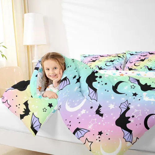 Miniatura 4 de Erosebridal Juego de edredón de murciélago tamaño Queen para niños y niñas, juego de ropa de cama con degradado de arco iris, juego de edredón Multi