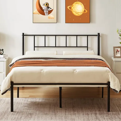 Miniatura 18 de VECELO Marco de cama de plataforma de metal completo con cabecero, soporte de listones de acero resistente, almacenamiento debajo de la cama,