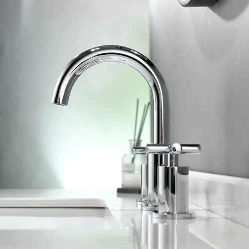 Miniatura 7 de 2 grifos de lavabo de baño dorados con mango cruzado con drenaje de residuos para fregadero de cubierta de 3 agujeros, acabado de espejo cromado