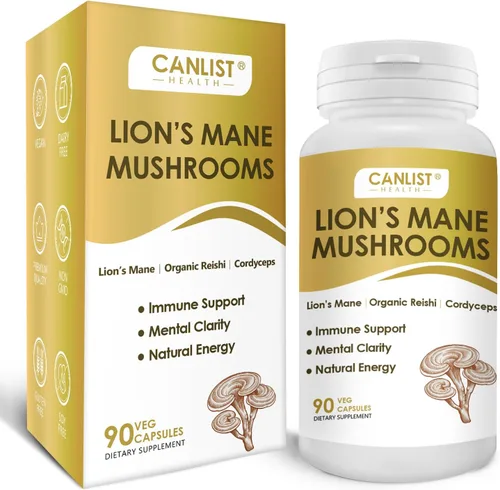 CANLIST Cápsulas orgánicas de complejo de hongos con melena de león, Cordyceps, Reishi, ayuda para el enfoque cognitivo, apoyo inmunológico y salud