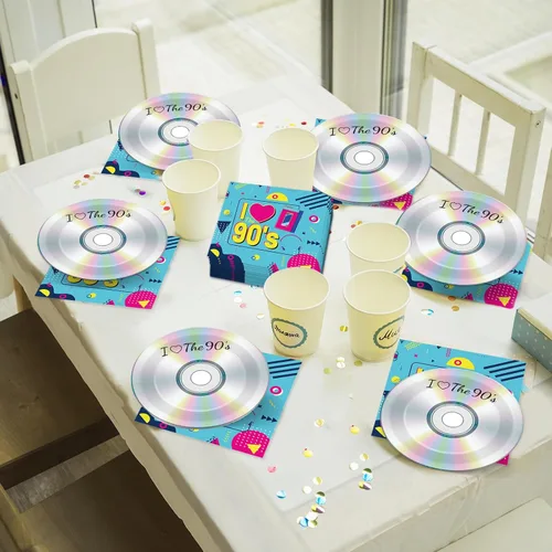Miniatura 7 de 50 piezas de platos y servilletas de papel para fiesta de los 90 CD mix de los 90 platos de postre para fiesta temática de los 90 decoración retro