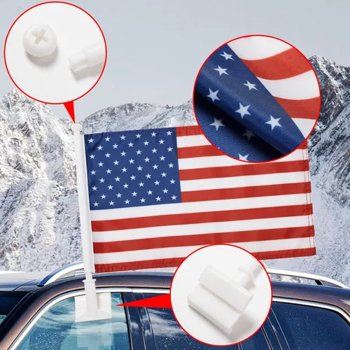 Miniatura 3 de Paquete de 2 banderas de automóvil, bandera de Estados Unidos para exteriores con bandera estadounidense y mástil, el clip para ventana con logotipo