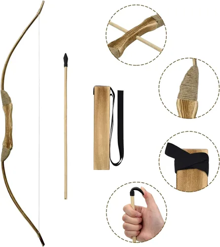Miniatura 4 de Kids Bow and Arrow Set, 32 Inch Archery Set Handmade Wooden Toy Bow and Arrow for Kids 4-6 8-12, Cosplay Game Costume Prop Play, 1 Bows 1 Quivers