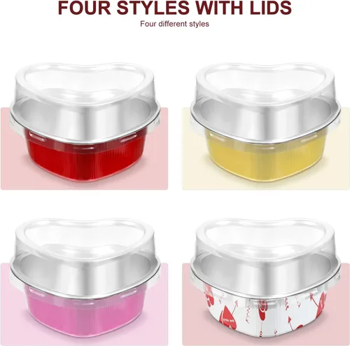 Miniatura 5 de Cunhill 60 juegos de moldes para pasteles en forma de corazón con tapas, 3.4 onzas líquidas, papel de aluminio, mini moldes desechables para blanco