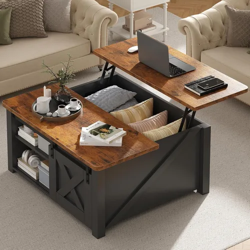DUMOS - Mesa auxiliar elevable, mesa central con almacenamiento, mesas cuadradas para sala de estar con estantes ajustables, modernas mesas de Madera