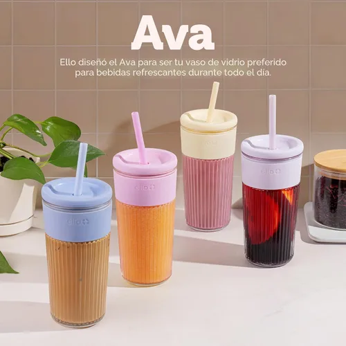 Miniatura 5 de Ello Ava - Vaso de vidrio de 18 onzas con popote y tapa, vidrio acanalado de alta calidad con agarre de silicona, apto para tazas de automóvil, apto