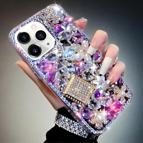 Miniatura 8 de Compatible con iPhone 13 Funda Linda con Diamantes de Imitación y Purpurina - Funda de Lujo de Diseño con Diamantes de Imitación para Mujer