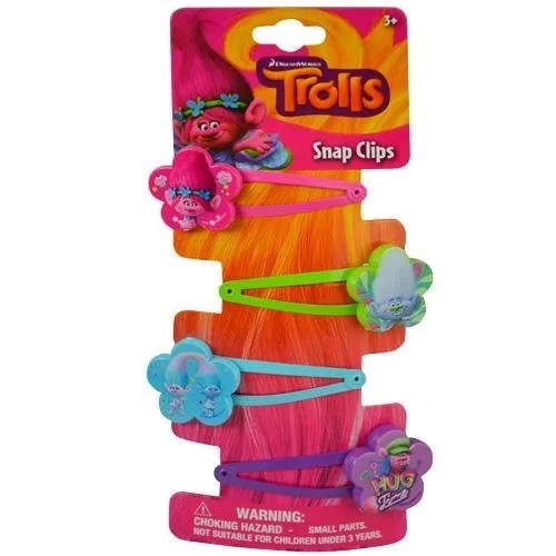 DREAMWORKS TROLLS Trolls - Pinzas para el cabello con motivo, paquete de 4, pinzas de fijación para el cabello unisex para niños