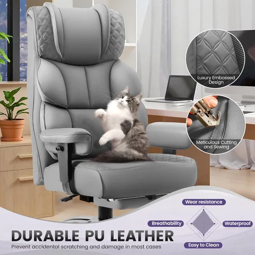 Miniatura 4 de BestGlory Silla de escritorio de oficina, silla de juegos de cuero grande y alta con reposapiés, sillas de computadora reclinables ejecutivas Gris