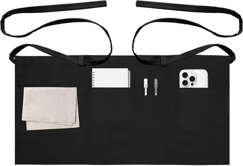 Delantales de servidor con 3 bolsillos para camarera, cintura de camarera, delantal negro para mujeres y hombres, cocinero, cocina, hornear, 1