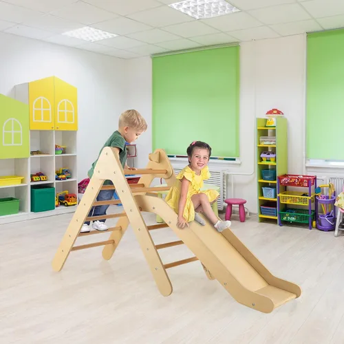Miniatura 2 de OLAKIDS Juego de triángulo Pikler 2 en 1 juguetes de escalada para niños pequeños Gimnasio de selva plegable de madera Montessori con rampa