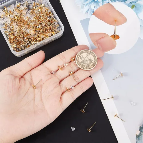 Miniatura 3 de Beebeecraft 1 caja de 200 piezas de aretes de perlas chapados en oro de 24 quilates para cuentas medio perforadas con 200 tuercas de plástico