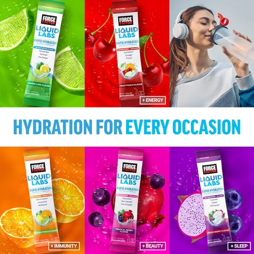 Miniatura 9 de Paquetes de polvo de electrolitos Force Factor Liquid Labs —Limón y lima— sobres de hidratación para hacer agua con electrolitos con 5 electrolitos