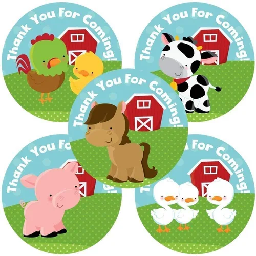 Etiquetas adhesivas de agradecimiento con animales de granja, suministros para fiestas de cumpleaños de niños y niñas, juego de 50