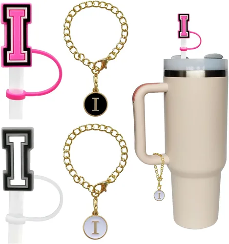 2 fundas de popote para copa Stanley de 30 y 40 onzas, 0.394 in con 2 dijes de letras personalizados, nombre de identificación, letra inicial,