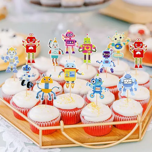 Miniatura 4 de Ercadio Paquete de 36 adornos para magdalenas de robots de dibujos animados impresos, selecciones de cupcakes, decoración de pasteles para temática