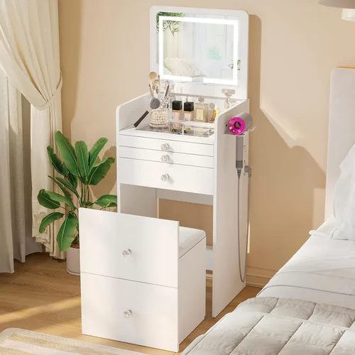 VOWNER Escritorio de tocador 3 en 1 con espejo de luz LED abatible y escritorio de cristal, pequeño tocador de maquillaje con 3 cajones, tocador