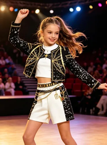 Miniatura 4 de Vestido con detalle de cadena brillante para niñas, traje de rendimiento inspirado en la moda K-pop para niñas