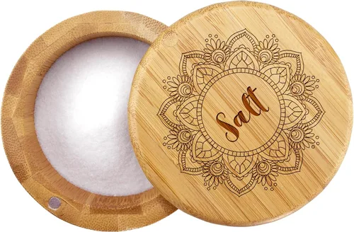 Totally Bamboo Salero Caja de Almacenamiento de Bambú con Tapa Giratoria Magnética, Capacidad de 6 Onzas, Flor Mandala Grabada en la Tapa