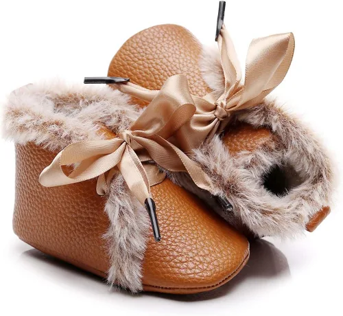 Bebila Botas de nieve de invierno para niños pequeños, con cordones, antideslizantes, suela suave, para recién nacidos, cálidos, de piel al tobillo,