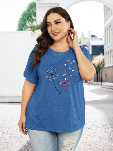 Miniatura 2 de Camiseta de verano para mujer, talla grande, con diente de león, manga corta, cuello redondo, holgada, casual